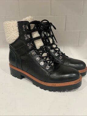 Women's Marc Fisher Black Leather Lace-Up Ankle Boots with Sherpa Collar